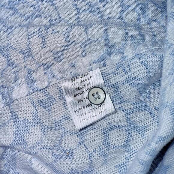 pd&c Button Up Shirt Sz XL White Blue Leaf Print Linen Blend Short Sleeve Casual - Picture 6 of 8